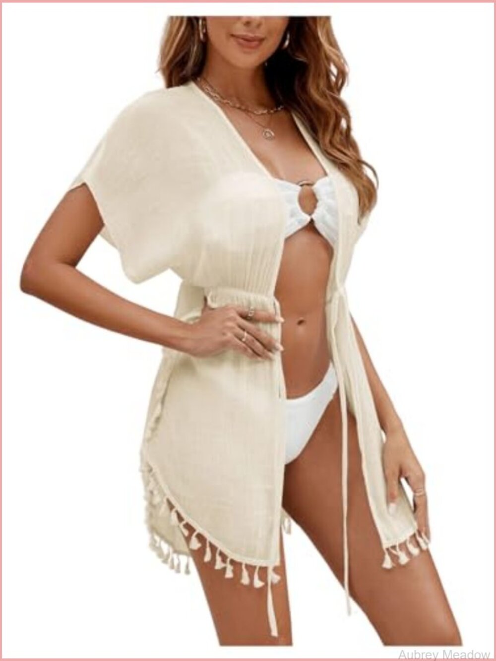 Fringe Hem Tie Front Drawstring Kimono Cardigan Cover Up - Picture 4 of 6